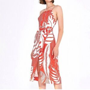 FARM RIO red white linen faux wrap dress sz S